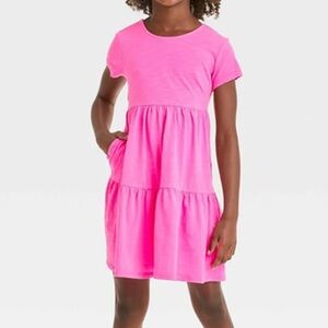 Cat & Jack Girls’ Short Sleeve Open Back Tiered Knit Dress - Pink XS